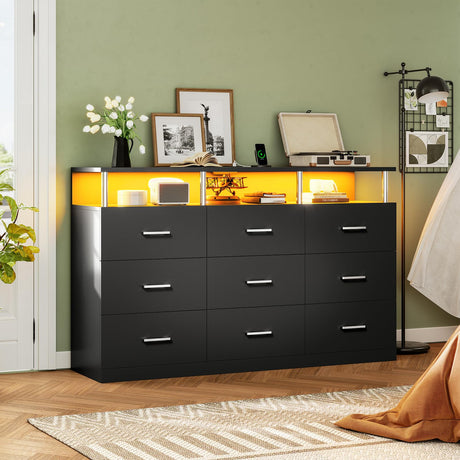 AOGLLATI Black Dresser for Bedroom with 9 Drawers, Dressers & Chests of Drawers with Column Design & Charging Station,Modern Bedroom Led Wide Long Dresser Storage Organizer for Living Room,Black AOGLLATI