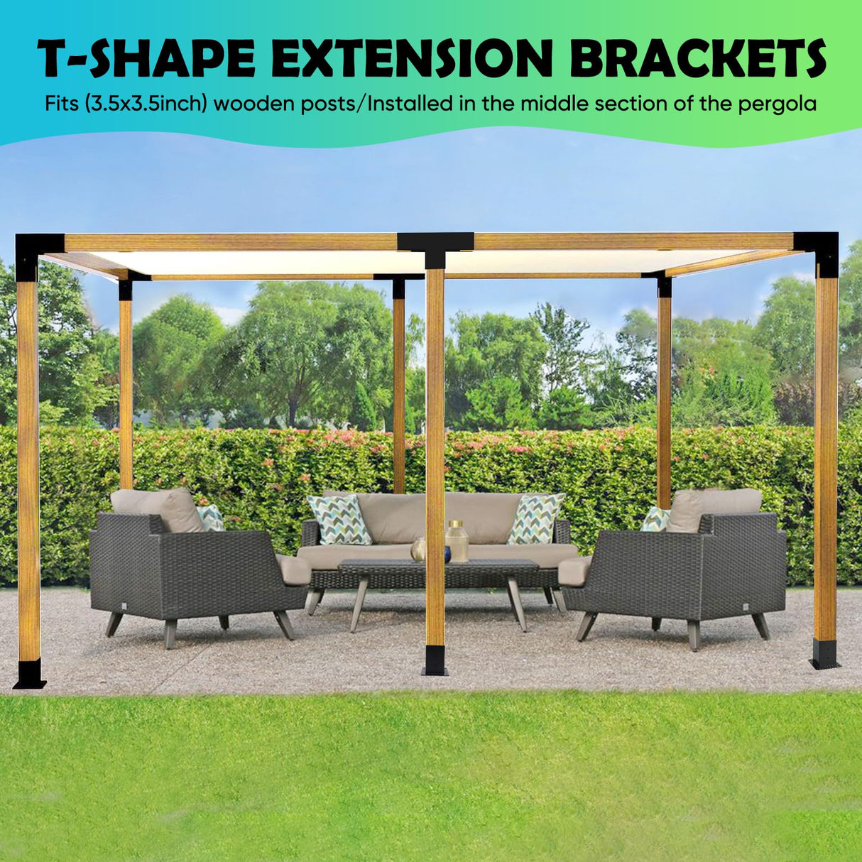 Pergola Brackets Kit 4x4 - BRRIY 3-Way Right Angle Corner Bracket, Pergola Brackets Base Kit with 2 T-Brackets and 2 Bases, Gazebo Hardware Kit for Extension Gazebo BRRIY