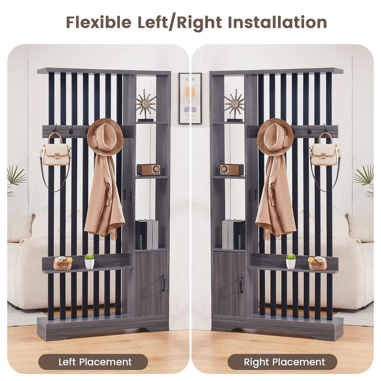 Room Divider with Shelves, Wall Room Divider Bookshelf, Freestanding Wood Privacy Screen with Storage Cabinet, Coat Rack, Display Shelf for Living Room Separation, Home Office Decorative SAHISTCT