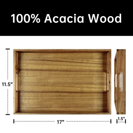 KITEISCAT Acacia Wood Serving Tray with Handles - 17-Inch Decorative Wooden Tray - Perfect for Breakfast, Lunch, Dinner, Appetizers, Patio, Ottoman, Coffee Table - Durable Living Room and Couch Tray KITEISCAT