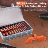 Neitra Router Table Setup Blocks Woodworking - 14pcs Aluminum Alloy Precision Setup Bars for Routers Tables Saw Accessory, Measuring Height Depth Angle Gauge with Storage Case (Each in Varies Thick) Neitra