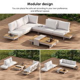 homary 6 Piece Aluminum & Teak Outdoor Sofa Set, Patio Conversation Sets Modular Outdoor Sofa with Fire Pit, Glass Wind Guard Ideal for Patios & Balconies, Light Gray homary