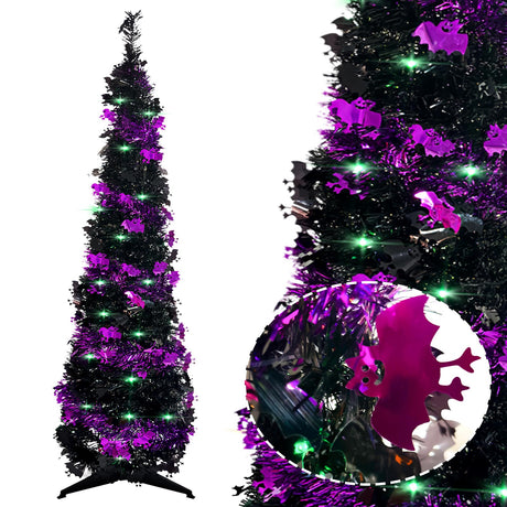 Pop up Christmas Tree for Indoor Decoration,5FT Pre-lit Mini Halloween Tree with 60 Lights,Black Artificial Pencil Tree Collapsible Tinsel Lighted up Christmas Tree luxfcup