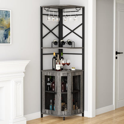 Aufvolr Bar Cabinet w/Wine Rack and Glass Holder, Corner Cabinet with Mesh Door, Corner Bar Cabinet with Adjustable Shelf, Liquor Cabinet Bar for Home (Grey