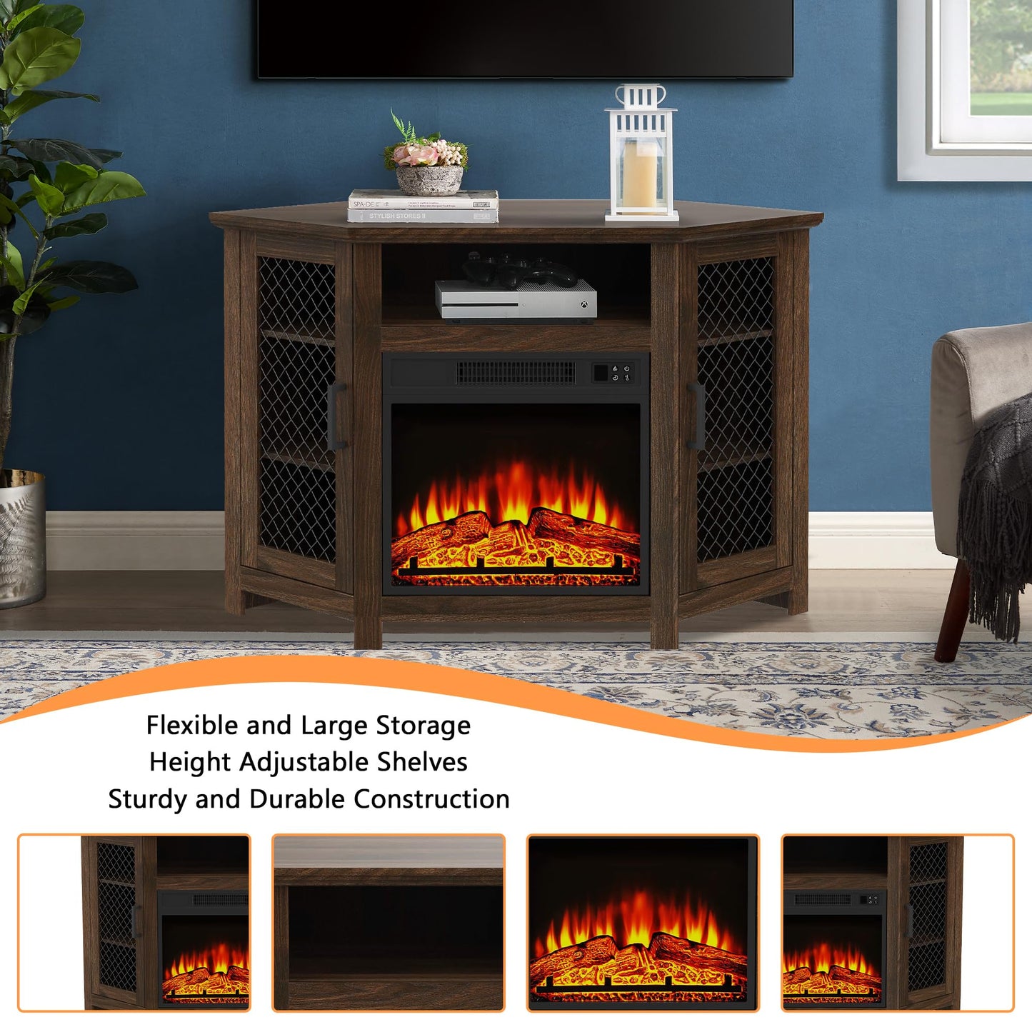 COMEFFIE 45" Corner TV Stand with 18" Fireplace Insert, Electric Fireplace Entertainment Center with Adjustable Shelves, Modern TV Stand Fit TVs up to 55 Inches for Living Room, Bedroom (Brown)