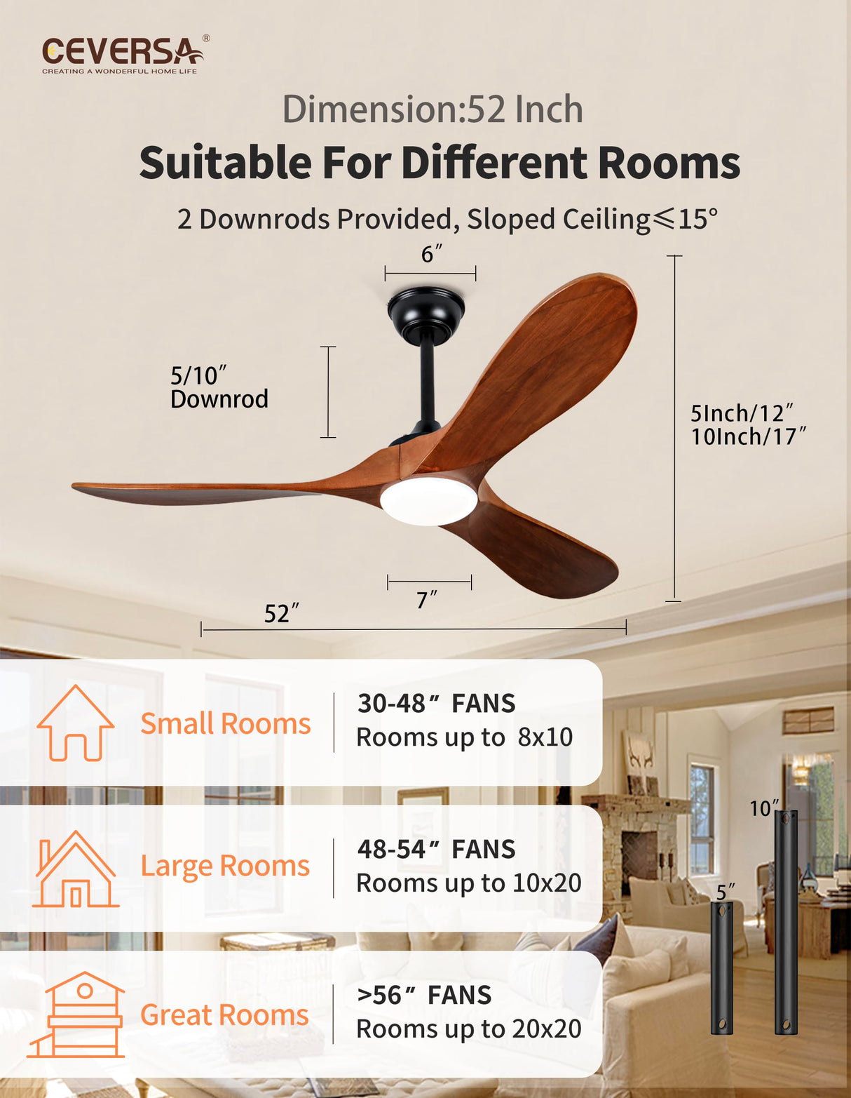 Ceversa 52 Inch Propeller Ceiling Fans with Lights and Remote,3 Blades Wood Rustic Ceiling Fans,Quiet Noiseless DC Motor,Outdoor Modern Ceiing Fans for Farmhouse,Living Room,Bedroom,Indoor,Walnut Ceversa