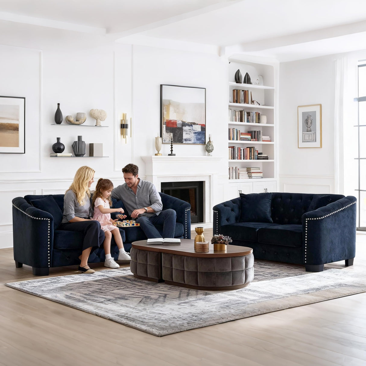 Sectional Couch for Living Room, Luxury 2 Piece Chesterfield Velvet Sofa Set 77" 3-Seater + 59" Loveseat, Modern Tufted Upholstery with Nailhead Arms and 4 Cushions for Office & Coffee Bars, Black BUIORD