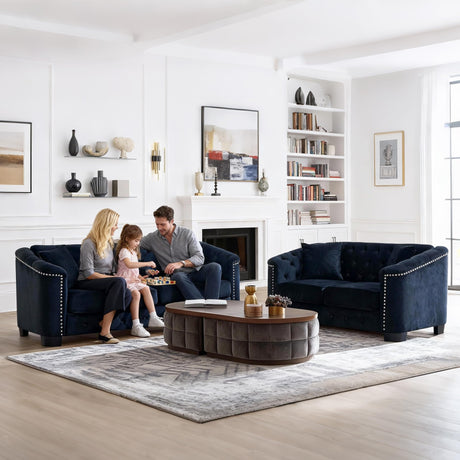 Sectional Couch for Living Room, Luxury 2 Piece Chesterfield Velvet Sofa Set 77" 3-Seater + 59" Loveseat, Modern Tufted Upholstery with Nailhead Arms and 4 Cushions for Office & Coffee Bars, Black BUIORD