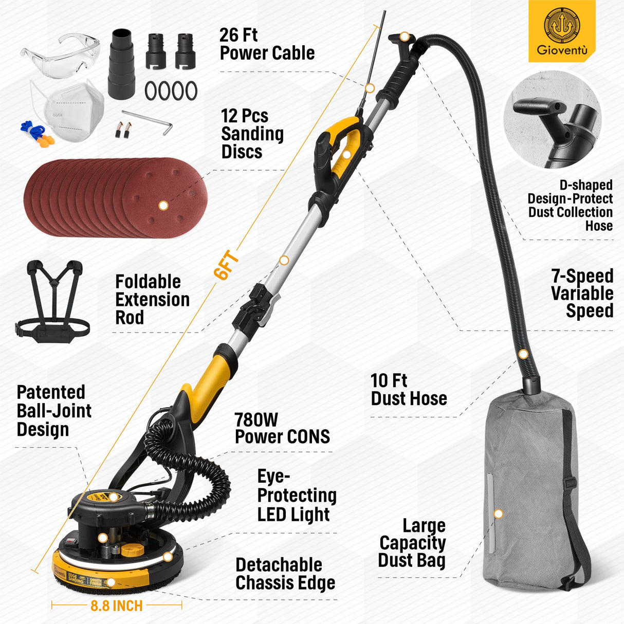 Drywall Sander with Labor-Saving Strap, Electric Sander for Drywall with Vacuum Attachment, Auto Dust Collection, 7 Variable Speed 900-1800RPM, Power Ceiling Sander for Drywall, Popcorn Ceiling etc Gioventù