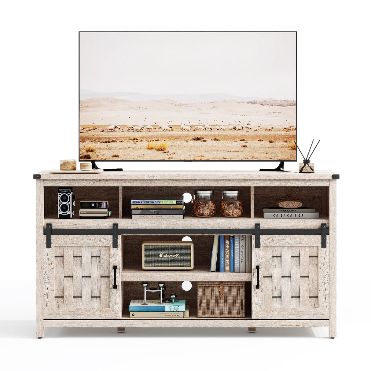 LINSY HOME Farmhouse TV Stand for 65 Inch TV, Tall Highboy Entertainment Center with Sliding Barn Door, Rustic Media Console with Storage Shelves, Wood Television Stand for Living Room, Light Grey LINSY HOME