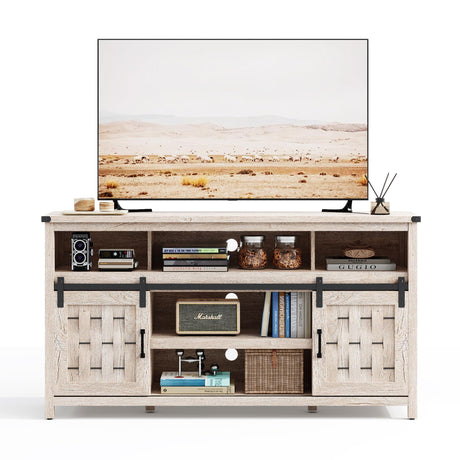 LINSY HOME Farmhouse TV Stand for 65 Inch TV, Tall Highboy Entertainment Center with Sliding Barn Door, Rustic Media Console with Storage Shelves, Wood Television Stand for Living Room, Light Grey LINSY HOME