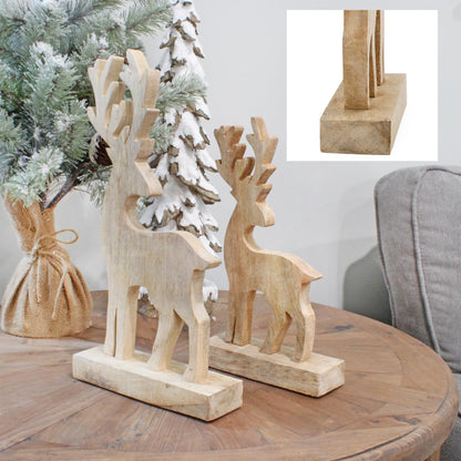 AuldHome Wooden Reindeer Christmas Statues (Set of 2); Primitive Style Mango Wood Holiday Figurines