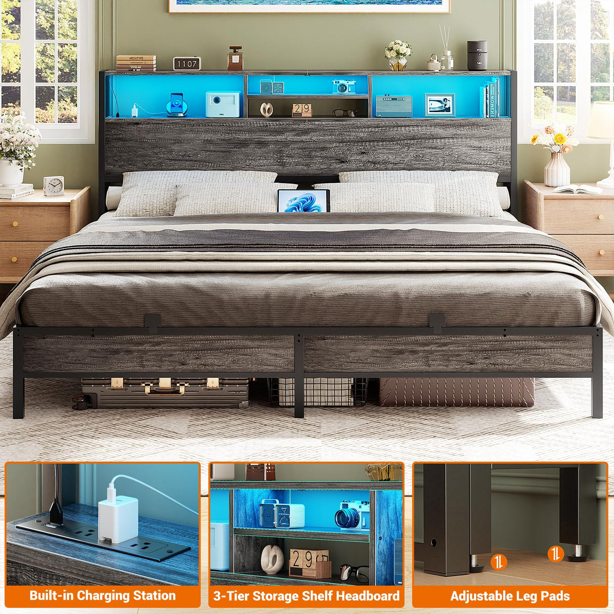 Aheaplus King Size Headboard with Storage, USB Ports, and LED Lighting - Adjustable and Reversible Design in Black Oak Aheaplus