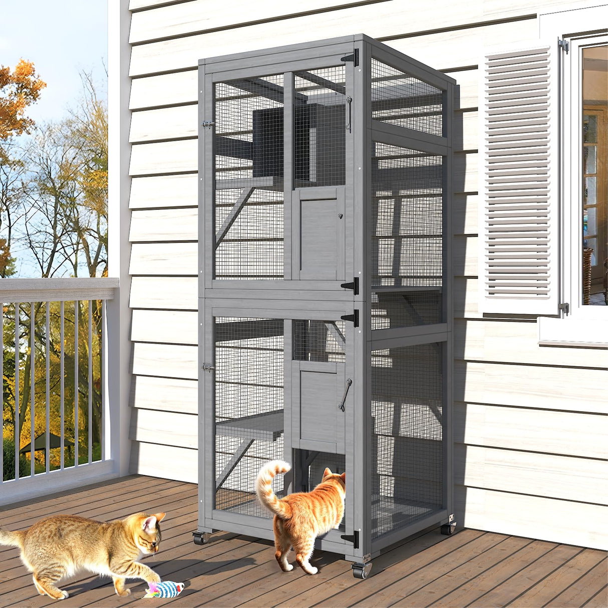 TIMHAKA Catio Outdoor Cat Enclosure, 4 Tier Indoor Catio with 4 Wheels, Platforms and Resting Box, Cat Cage with Waterproof Roof, Feral Animal Shelter with Removable Bottom and Easy Clean PVC Layer TIMHAKA