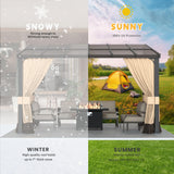 RTDTD 10' x 12' Gazebo，Hard Top Lean to Gazebo Wall Mount Heavy Hardtop Gazebo Outdoor Pergola with Curtains and Netting for Patio Garden Lawn Backyard Deck (Brown) RTDTD