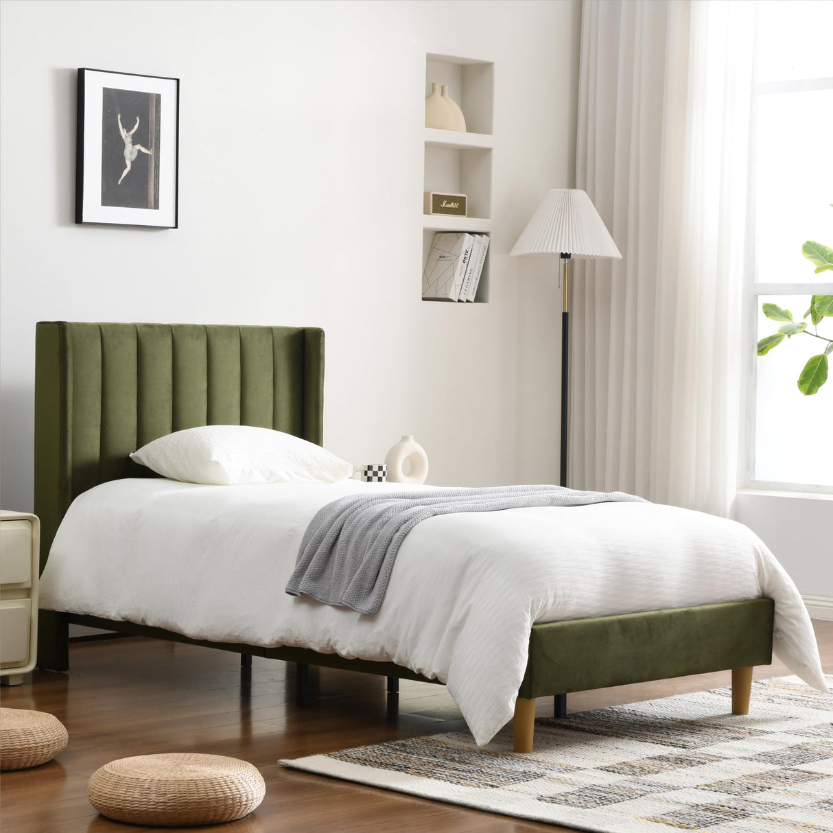 YUHUASHI upholstered Platform Bed Frame/Twin Bed Frame/Modern Geometric Double-Wing Design headboard/Velvet Fabric/Easy to Assemble no Noise (Grass Green, Twin) YUHUASHI