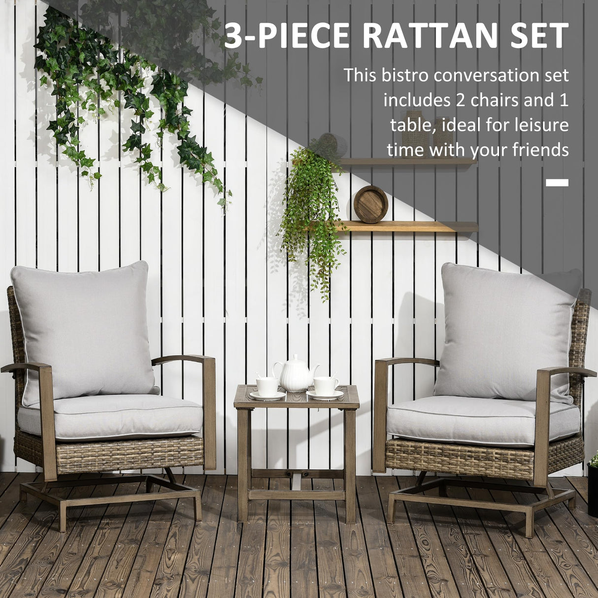 Outsunny 3-Piece Wicker Patio Furniture Set, Outdoor Rocking Chair Set with Bistro Coffee Table, PE Rattan Rocker Conversation Set with Cushions for Porch, Balcony, Yard, Poolside, Garden, Gray Outsunny