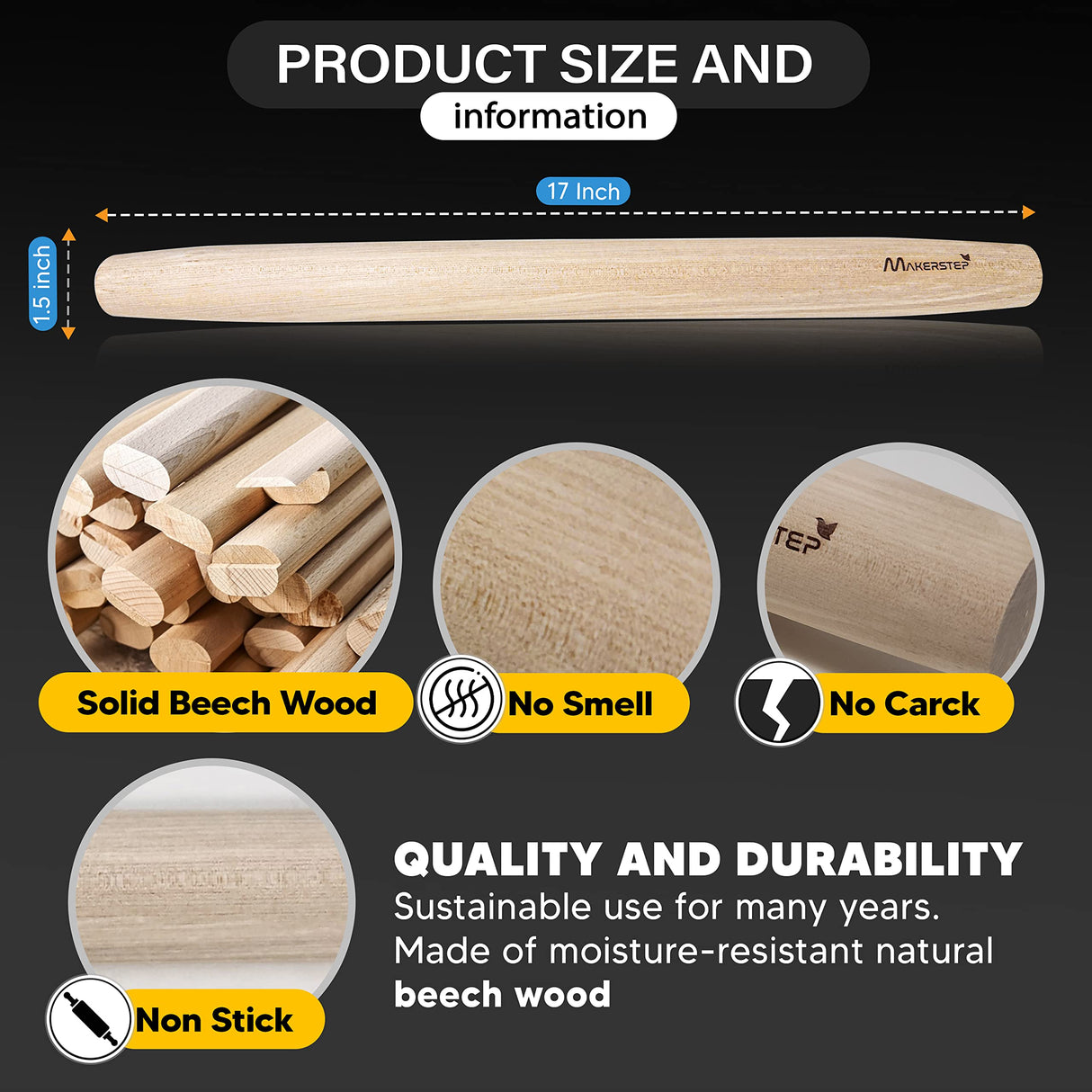 Makerstep French Wooden Rolling Pin 17 Inches, Natural Wooden Rolling Pin for Baking Pizza Dough, Cookie, Pastry, Pie Crust. Smooth Nonstick Surface Makerstep