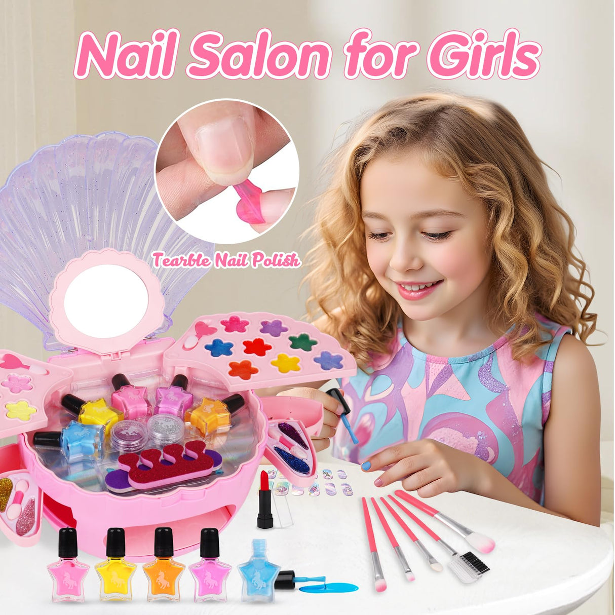 Kids Nail Polish Set for Girls, All-in-One Nail Art Make Up Kit -Dryer/ Glitter Powder/ False Nails/ Toe Separator/ File/ Lipsticks/ Eyeshadow,Washable Makeup Toys Age 3-12 Little Girl Birthday Gift AugToy