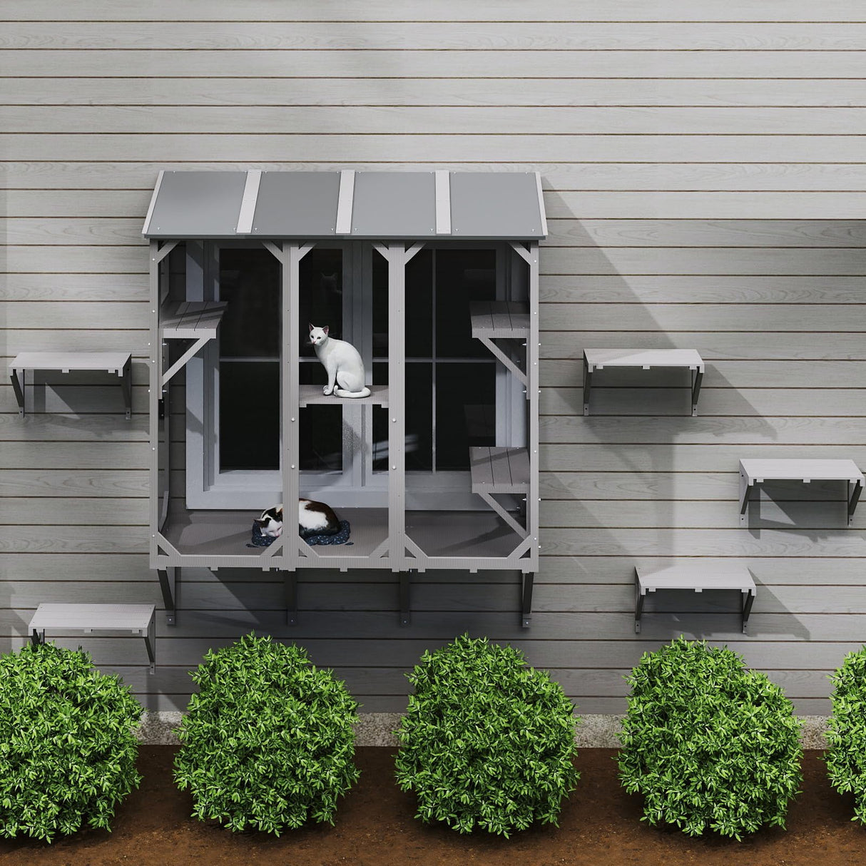 ketive Cat Catio, Expandable Window Box Enclosure for Multiple Indoor Cats, Comfortable Wooden Small Pet Perch House, All-Weather Use, Keep Bugs Insects Out, with 4 Platforms and 3 Doors ketive