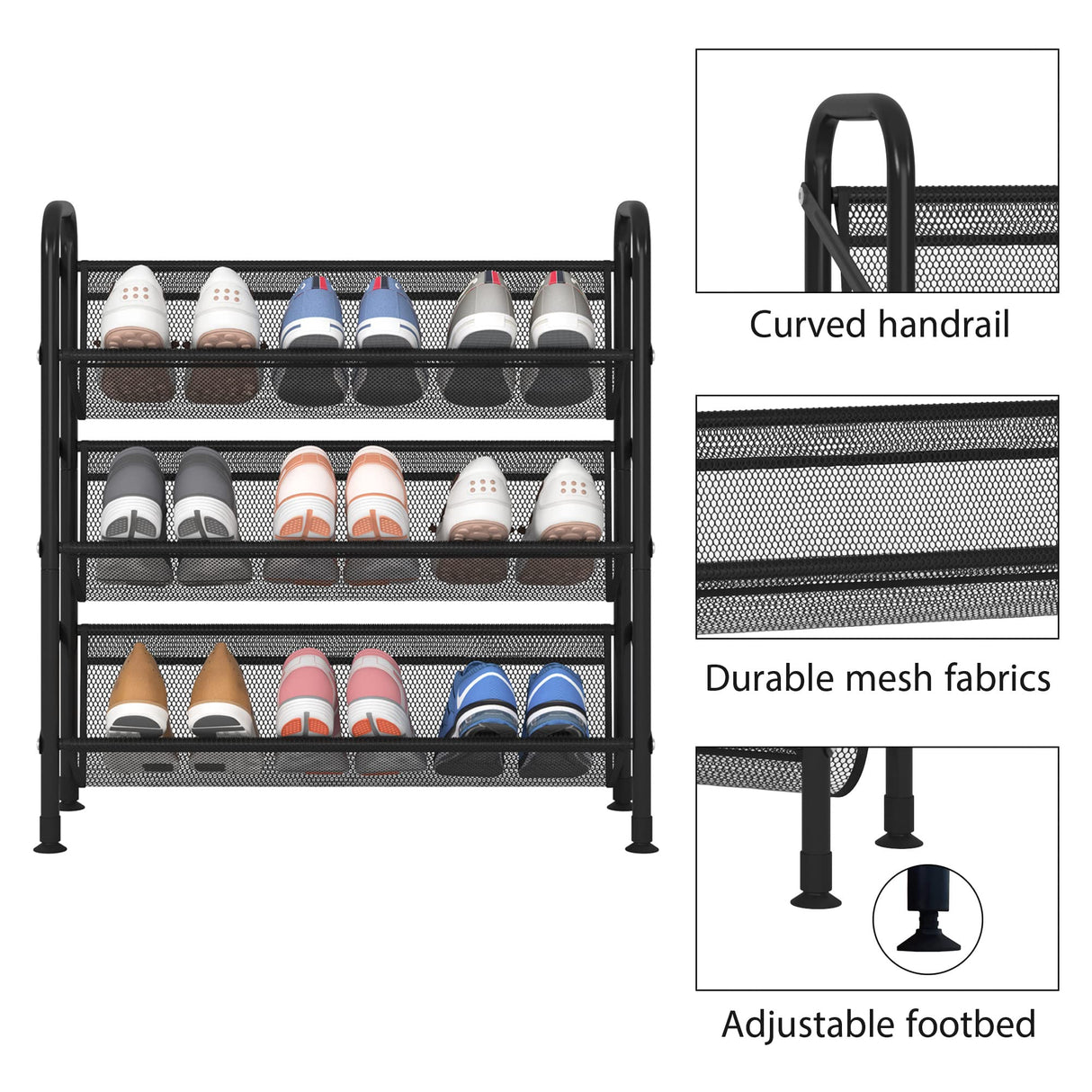 FKUO 3 Tier Shoe rack for closet Mesh fabric narrow Metal shoe racks, Small Shoe Storage Organizer Shelf for Entryway, Hallway, Dorm Room (Black, 3 Tier) FKUO
