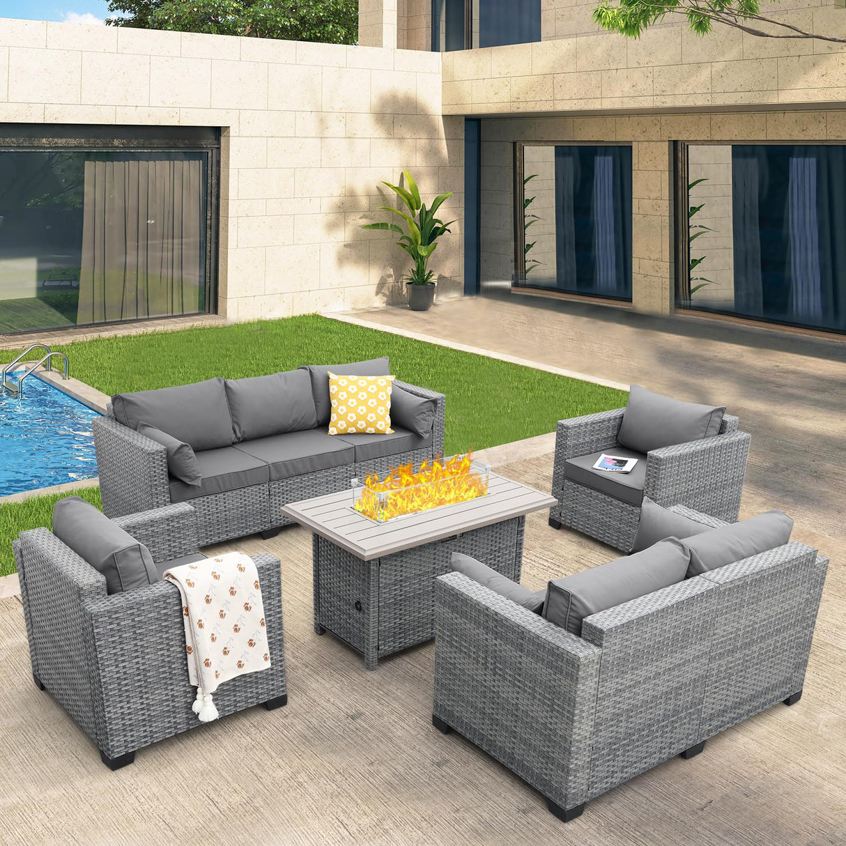 Lviden 5 Piece Wicker Patio Furniture Sets Outdoor Conversation Set, PE Rattan Sectional Sofa Couch with 45" Fire Pit Table and Non-Slip Grey Cushions, Furniture Covers Included Lviden