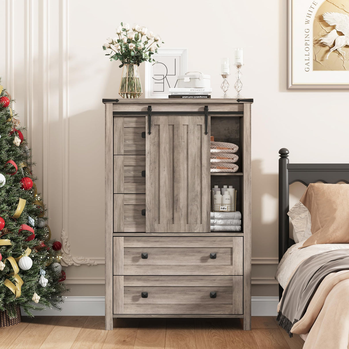 IDEALHOUSE Farmhouse 5 Drawer Dresser for Bedroom, 48" Tall Wood Dresser Chest of Drawer with Sliding Barn Door, Adjustable Shelf, Storage Organizer for Bedroom, Hallway, Living Room, Kitchen, Grey IDEALHOUSE
