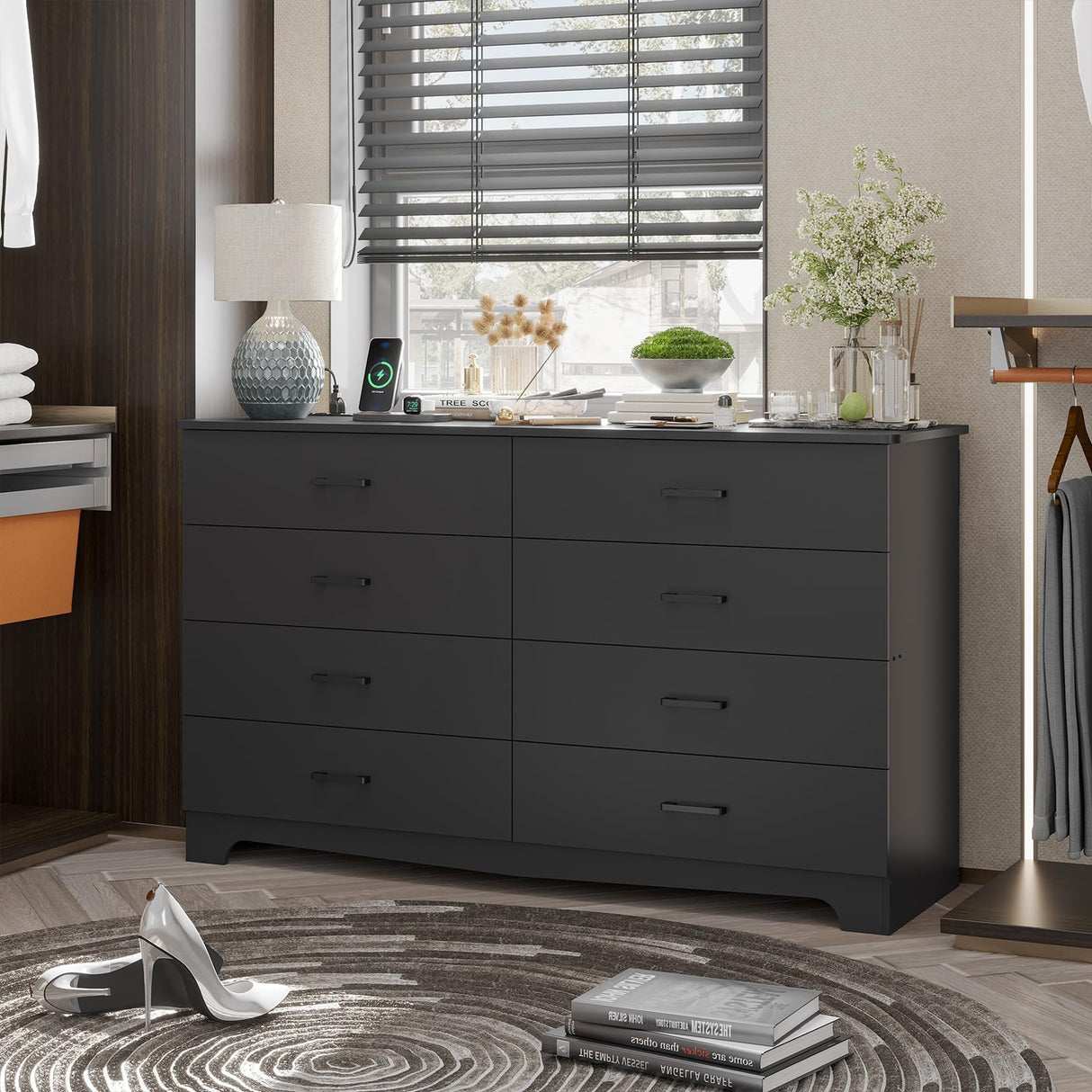 Hasuit 8 Drawer Dresser for Bedroom, Large Chest of Drawers with Charging Station, 55.1'' Wide Storage Clothes Closet Organizer, Long Dresser TV Stand for Living Room, Black Hasuit