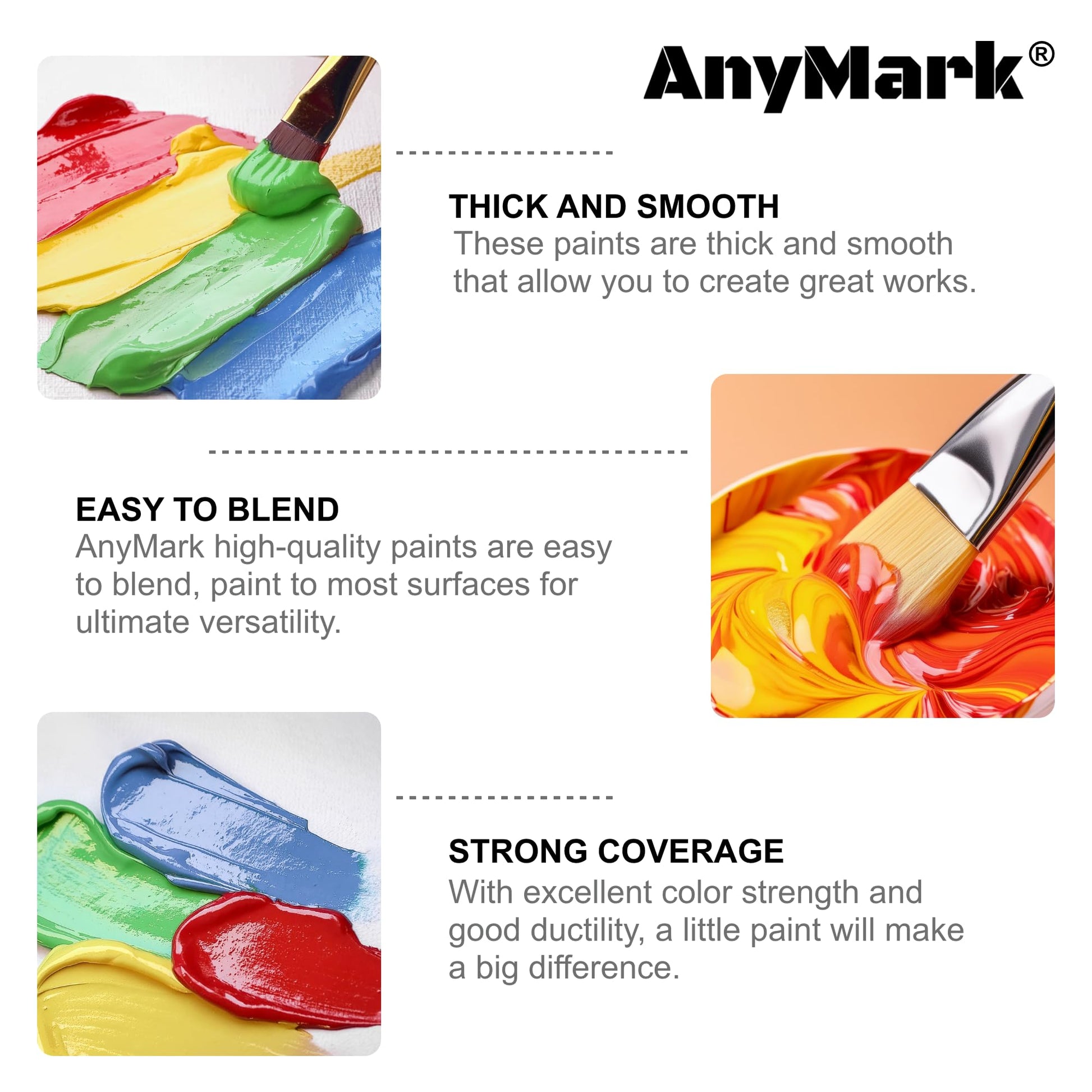 AnyMark Acrylic Paint, 24 Colors Acrylic Paint Set, 2 fl oz/60ml Bottles, Non Toxic Art kit Painting Supplies for Kids Adults Canvas,Rock,Wood - WoodArtSupply