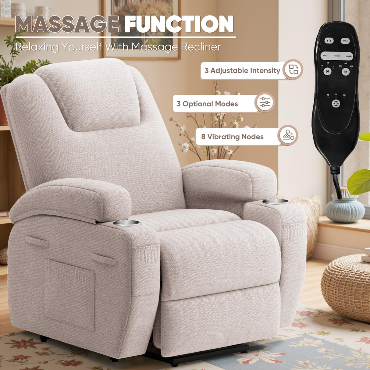 Power Lift Recliner Chair with Massage Electric Lift Chair for Elderly, Ergonomic Recliner with Cup Holders & Side Pockets, Modern Single Sofa for Living Room (Fabric, Beige) Shahoo