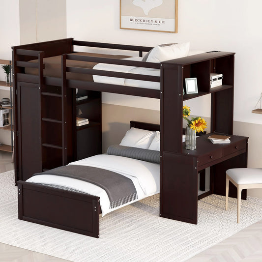 Twin Over Twin Bunk Bed with Storage, Solid Wood Bunk Bed with Shelves, Desk and Wardrobe, Twin Size Loft Bed with a Stand-Alone Bed for Kids Teens Adults (Espresso)