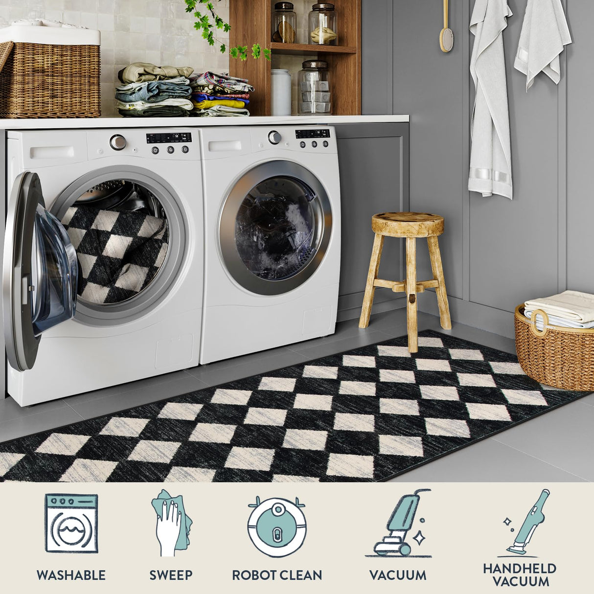 Lahome Moroccan Trellis Runner Rug - 2x8 Black Hallway Runner Rug with Rubber Backing, Checkered Kitchen Non Skid Carpet Runner Washable Indoor Mat for Camper Entryway Bathroom Hardwood Floor Lahome