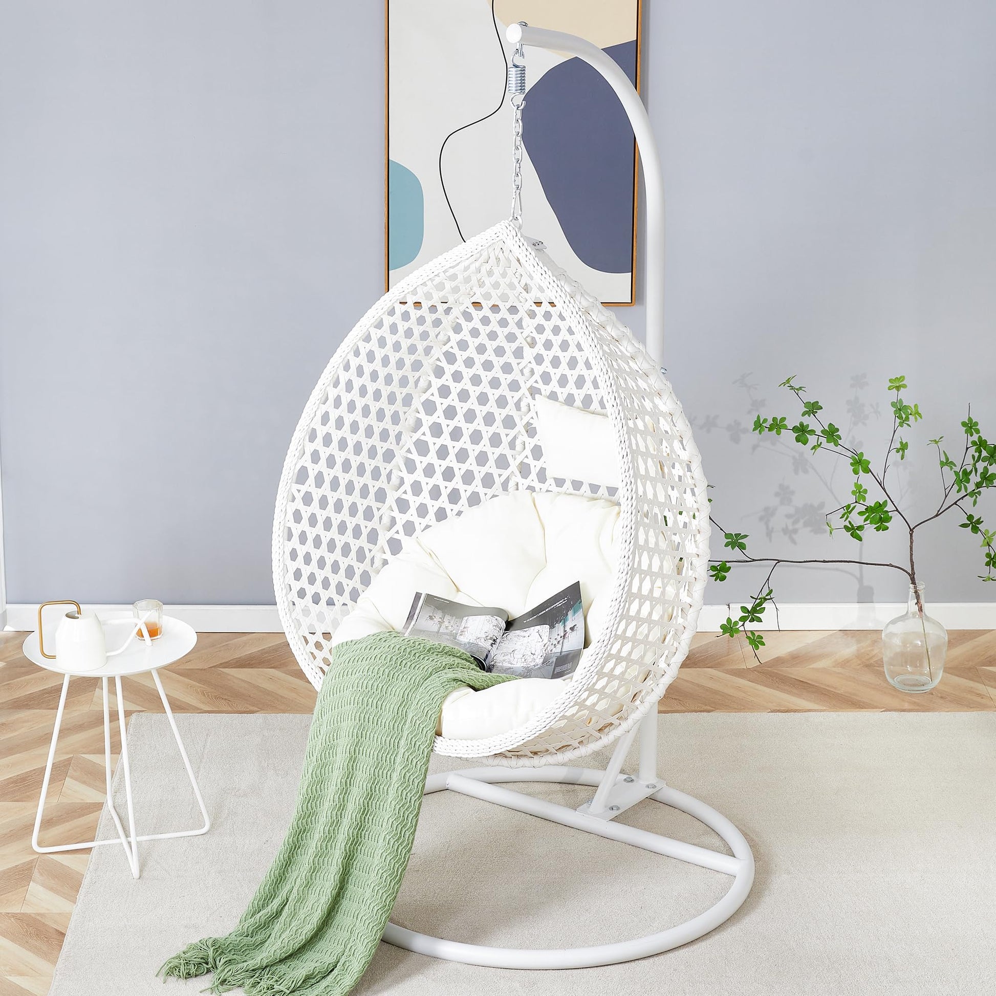 Egg Chair Indoor, Hanging Egg Chair with Stand, Rattan Wicker Swing Chair with Cushions, Swinging Chair for Bedroom Outdoor Patio Balcony Backyard Heavy Duty 350LBS,White - WoodArtSupply