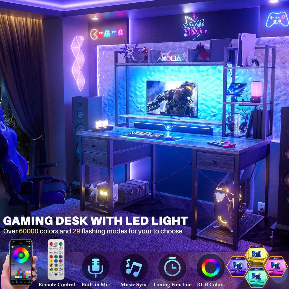 Aheaplus 47.2'' Black Oak Gaming Desk with LED Lights, Hutch, and Power Outlets Aheaplus
