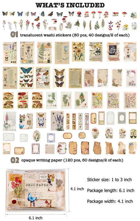 Knaid Vintage Scrapbook Supplies Pack (200 Pieces) for Junk Journal Bullet Journals Planners Botanical Paper Stickers Craft Kits Aesthetic Cottagecore Collage Album (Nature) Knaid