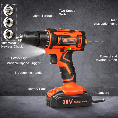 20v Drill Driver Set,Cordless Drill with Battery and Charger,LED Drill Tools Kit,25+1 Torque Setting and 43pcs Drill Bits BIHOO