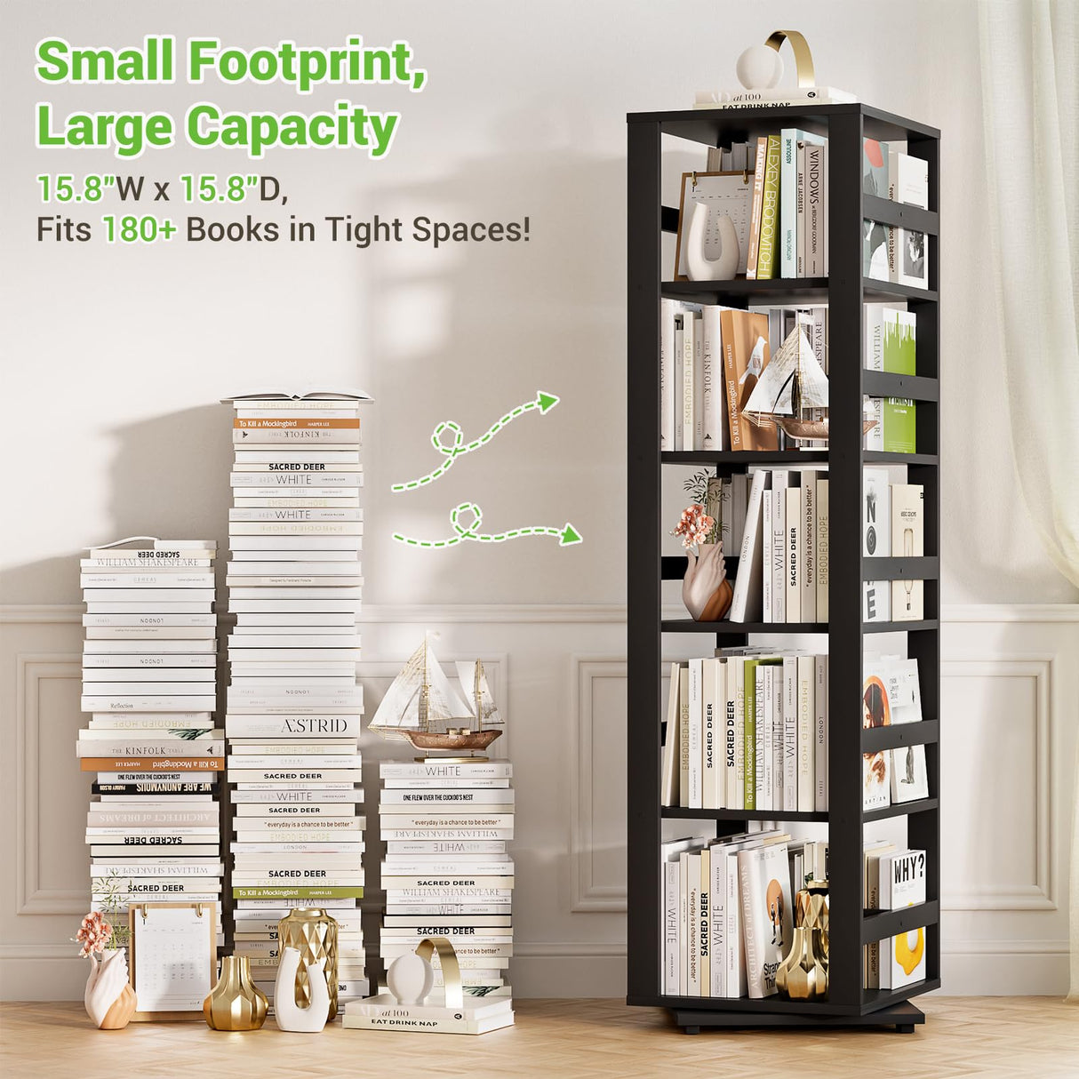 Homykic Rotating Bookshelf, Bamboo 360 Display Spinning Bookshelf Tower, 5-Tier Small Corner Bookcase for Small Spaces, Narrow Revolving Book Shelf Organizer Rack for Home Office, Black Homykic