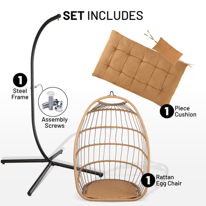 SereneLife Hanging Egg Chair with Stand - Up to 550 lbs of Capacity - Beautiful Swinging Basket Chair with Base Made from Wicker Rattan and Powder-Coated Steel Frame - Egg Swing Chair with Stand