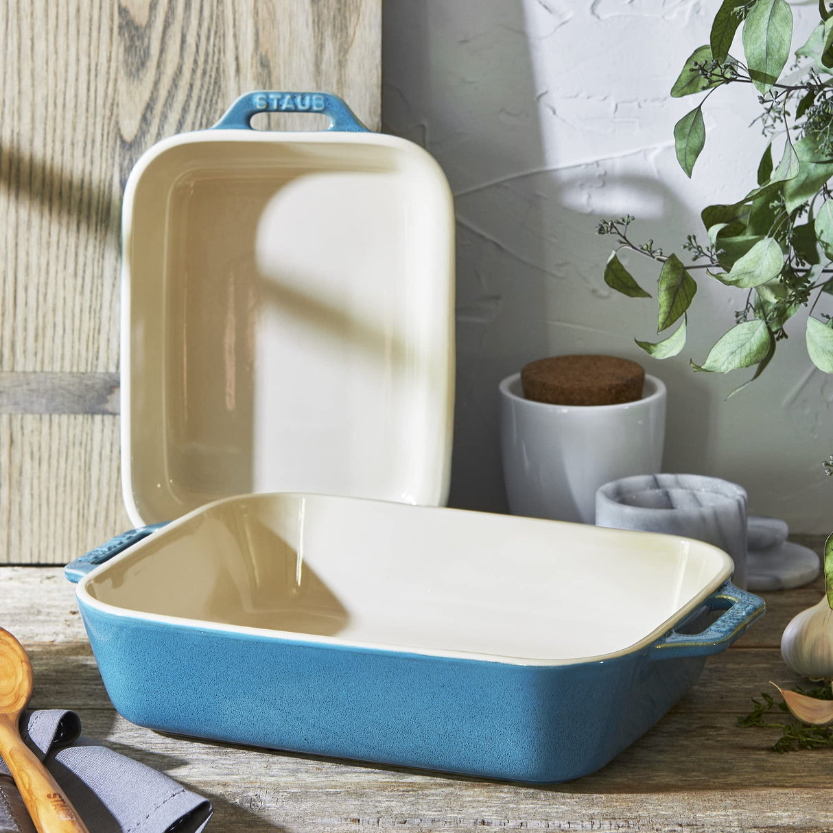 Staub Ceramic Rectangular Baking Dish Set, Casserole Dish, 2-Piece, Rustic Turquoise STAUB