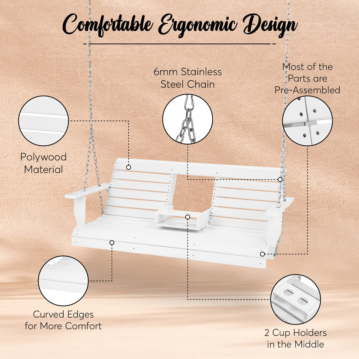 BENAIYA Heavy Duty Poly Lumber HDPE Porch Swing Outdoor Hanging Chair with Cup Holders Swinging Bench for Patios, Backyard Poly Wooden Seating, Sturdy Steel Chains BENAIYA