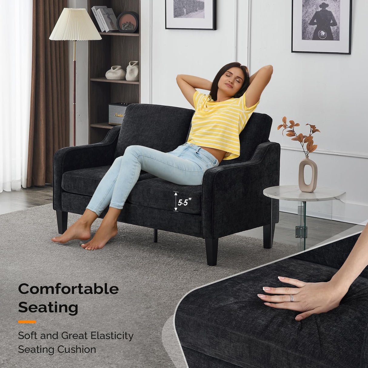 VINGLI Mid-Century Modern Loveseat Sofa Couch, Living Room 53" Love Seat 2 Seater Upholstered Comfy Couches with Scooped Armrest for Small Spaces, Dorm, Bedroom, Apartment, Office (Black) VINGLI