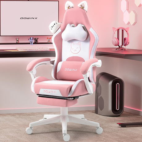 Dowinx Gaming Chair Cute with Cat Ears and Massage Lumbar Support, Ergonomic Computer Chair for Girl with Footrest and Headrest, Comfortable Reclining Game Chair 290lbs for Adult, Teen, Pink Dowinx