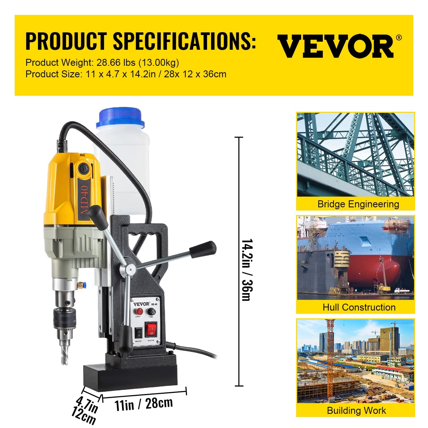 VEVOR Magnetic Drill, 1100W 1.57" Boring Diameter, 2697lbf/12000N Portable Electric Mag Drill Press with 7 Bits, 580 RPM Max Speed Drilling Machine for any Surface and Home Improvement - WoodArtSupply