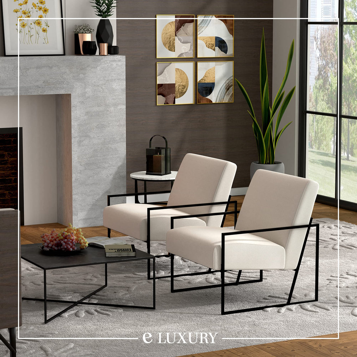 eLuxurySupply Accent Chair - Low Profile Modern Slant Armchair with Layered Foam and Metal Frame - Premium High Density Soft Cushion for Supreme Comfort - Easy Assembly - Cream/Off-White eLuxurySupply
