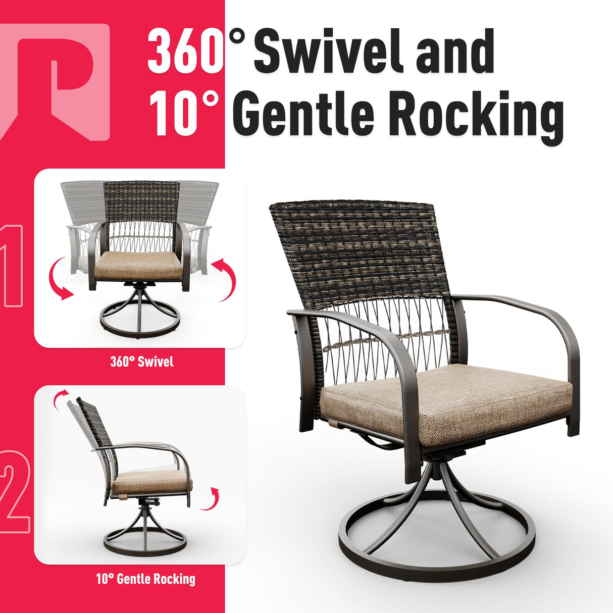 Pamapic 5 Piece Patio Dining Set for 4,Outdoor Wicker Furniture Set for Backyard Garden Deck Poolside with 4 Cushions Swivel Rocker Chairs,Square Plastic-Wood Table Top, Removable Cushions(Beige) Pamapic