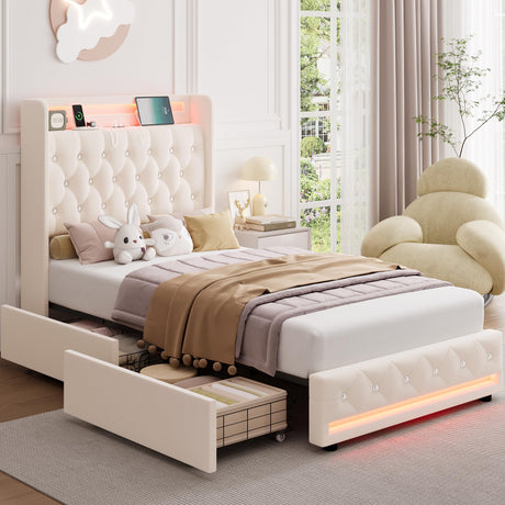 HIFIT Full LED Bed Frame with Charging Station and 4 Storage Drawers, Velvet Upholstered Platform Bed with Handcrafted Crystal Button Wingback Headboard, Metal Frame with No Box Spring Needed, Beige HIFIT