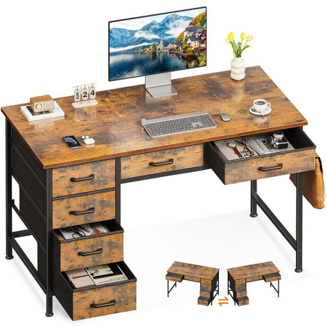ODK Computer Desk with 6 Drawers, 40 Inch Small Desk with Storage, Reversible Desk with Headphone Hook for Home Office, Work Study Table for Bedroom, Rustic Brown ODK