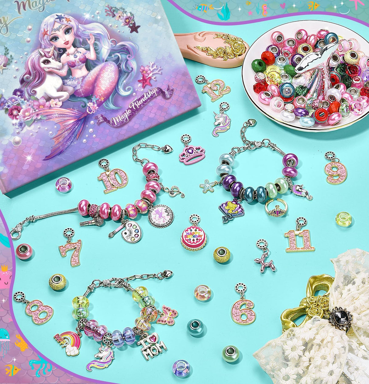 Charm Bracelet Making Kit & Unicorn/Mermaid Girl Toy- ideal Crafts for Ages 8-12 Girls who Inspire Imagination and Create Magic with Art Set and Jewelry Making Kit BDBKYWY