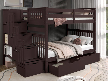 Bedz King Stairway Bunk Beds Full Over Full with 4 Drawers in The Steps and 2 Under Bed Drawers, Dark Cherry Bedz King