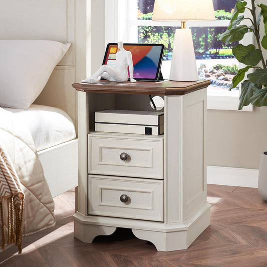 T4TREAM Farmhouse Nightstand with Charging Station, 18" End Table with 2 Drawers, Wood Side Table, Bedside Cabinet for Bedroom, Living Room (Antique White) - WoodArtSupply